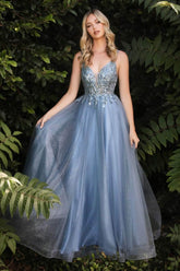 Plunging Beaded A-Line Junior Prom Gown